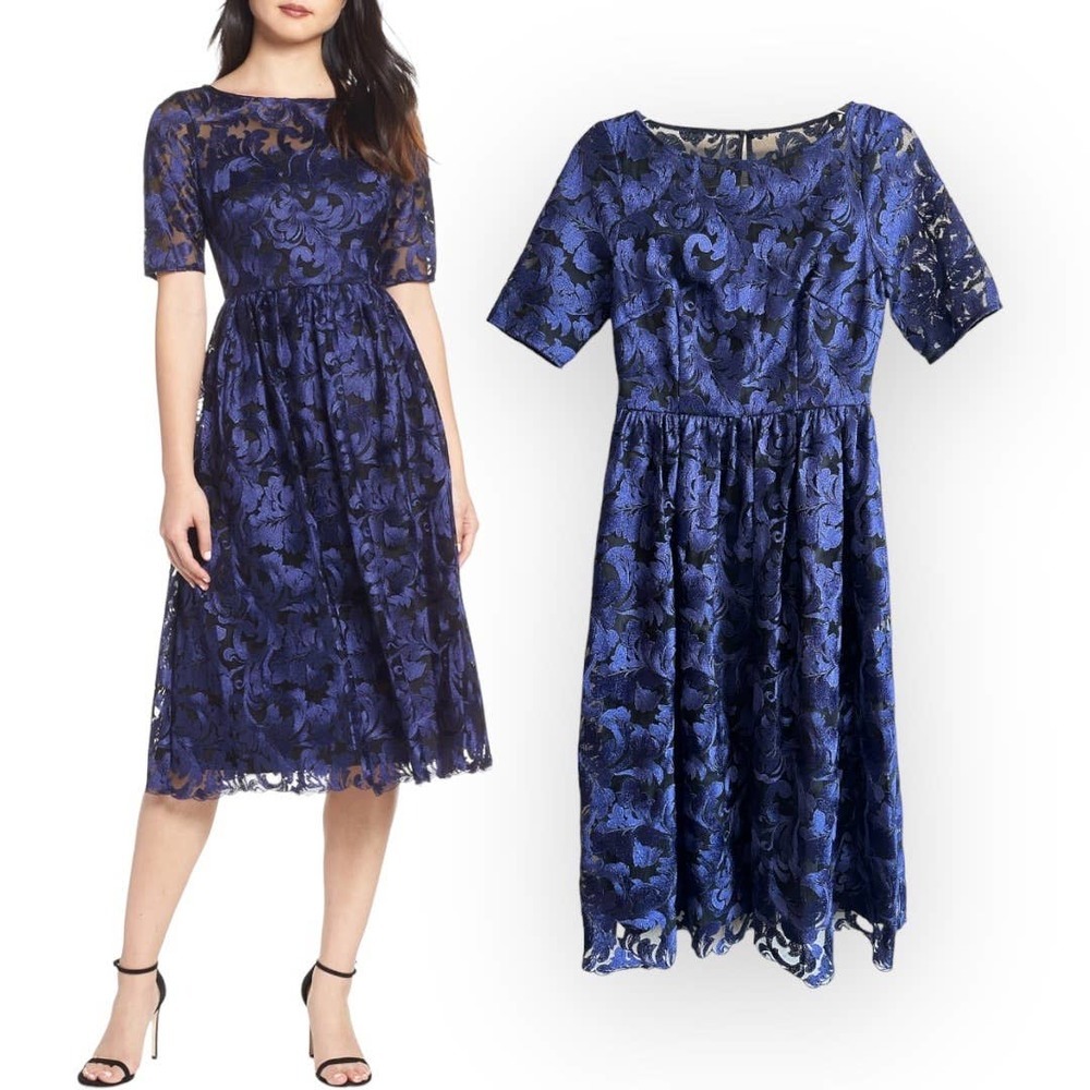 NWT Adrianna Papell Blue & Black Embroidered Party Dress Midi Lace Floral Size 2